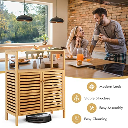 Tangkula Bamboo Floor Cabinet, Freestanding Bathroom Storage Cabinet With Double Slatted Doors, Open Shelf, Removable Shelf, Storage Organizer For Bathroom, Doorway, Living Room, Kitchen, Bedroom #TOP7