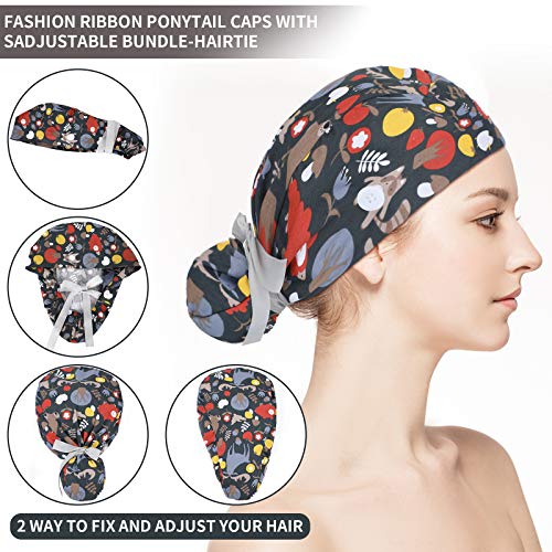 Image of Honoson 6 Pcs Scrub Caps Women with Buttons | Adjustable, Bouffant Surgical Caps, with Ponytail Holder, Cotton Nurse Hats