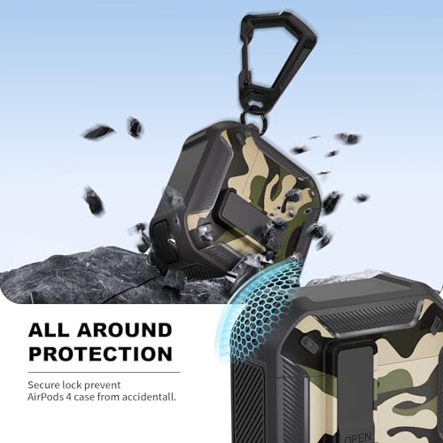 Image of for AirPods 4 Case with Magnetic Secure Lock Clip and Phone Stand, Compatible with Magsafe Charging, with Carabiner&Cleaner kit for Apple iPod 4th Generation Cover(2024) Men Women (Camouflage Green)