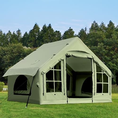 KNUO 2025 Upgraded Waterproof Inflatable Camping Tent for 2~4 People, Large Blow-Up Air Tent, No Assembly Needed Luxury Glamping House, 10x7.2ft Oxford Fabric