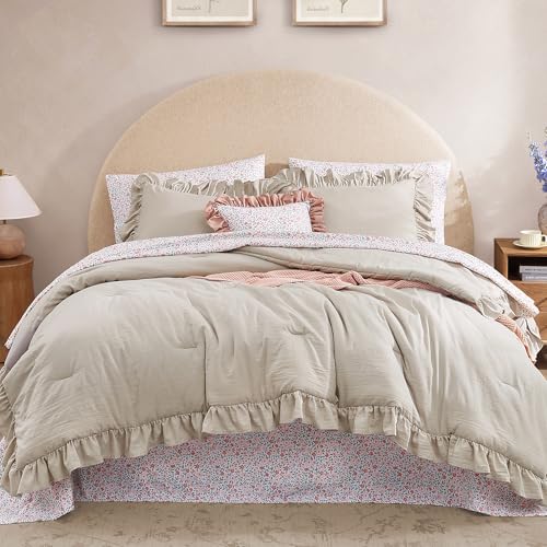 Queen Comforter Set - 7 Pieces Ruffle Beige Bedding Sets, Shabby Chic Farmhouse Bed in a Bag Queen with Ruffle Comforter, Floral Sheets, Pillowcases & Shams