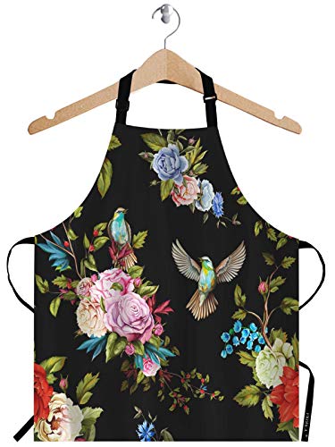 Ekobla Flower Aprons Wild Flowers Peony Roses Lily Nightingale Cornflower Black Background Waterproof Resistant Chef Cooking Kitchen Bbq Adjustable Aprons For Women Men 27X31 Inch #TOP14