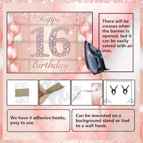 Image of Happy 16th Birthday Rose Gold Banner Cheers to 16 Years Old Backdrop Confetti Balloons Theme Decor for Girls 16 Years Old Pink Birthday Party Decorations Bday Supplies Background Favors Gift Glitter