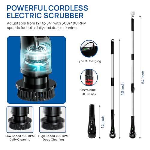 Image of 2025 Upgraded Electric Spin Scrubber - Shower Scrubber with Long Handle, Cordless Electric Cleaning Brush, 400 RPM Dual-Speed, IPX5 Waterproof, 90-Min Runtime, 8 Brush Heads for Powerful Cleaning