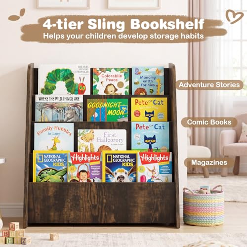 Image of HONEY JOY Kids Bookshelf, 5-Tier Wooden Toddler Bookcase, Children Book Rack & Magazine Display Shelf, Toy Storage Organizer, Book Shelf for Kids Rooms, Playroom, Nursery, Classroom (Brown, 4 Tier)