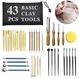 43PCS Pottery Clay Sculpting Tools: Air Dry Polymer Clay Tool Kit with Wooden Handles, Professional Ceramic Trimming & Carving Set for Kids Adults Beginners - Includes Storage Bag