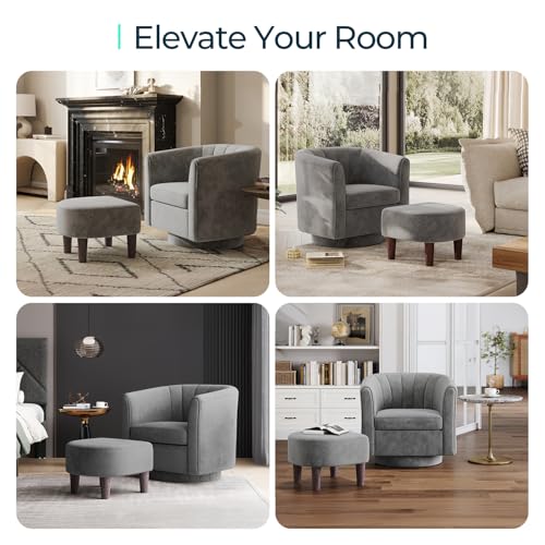 LINSY Large Swivel Accent Chair with Ottoman, Velvet Barrel Chair with Footrest, Modern Upholstered Comfy Reading Chair Armchair for Living Room, Bedroom, Study Room, Office, Grey by LINSY - Used condition - Image 7