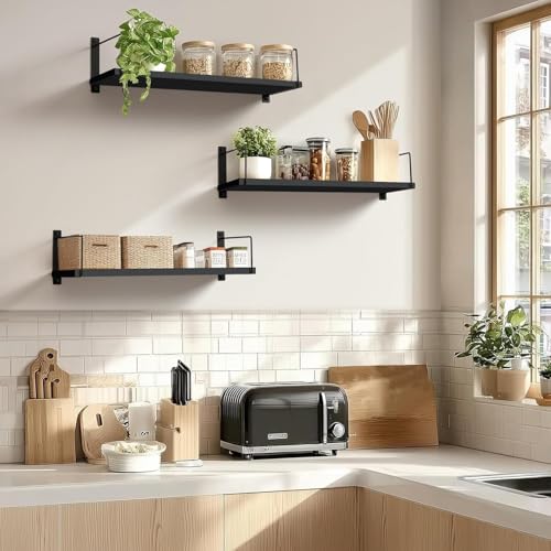 Image of Wall Mounted Bathroom Shelves Set of 3, Black Rustic Wood Floating Shelves with Metal Brackets, Wall Storage Display Rack for Toiletries, Organizer, Kitchen, Bedroom, Living Room 23.5 inch