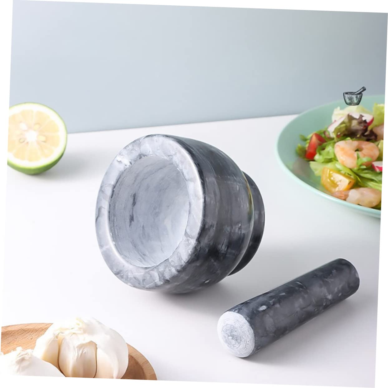 LABRIMP Set da Cucina Mortaio e Pestello in Marmo Nero, Design Ergonomico per Pestare, per Uso Domestico e Professionale, Accessori Piccoli e Funzionali