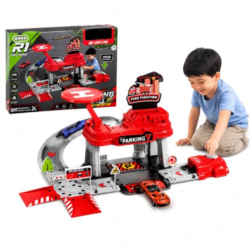 Image of WISHKEY Car Launcher Toys for Kids Parking Lot Toy for Kids 3+ Years, DIY Engineering Garage Playset with Die-Cast Car, Building Track, Launcher, Pretend Play Activity, Birthday Gift for Boys Red