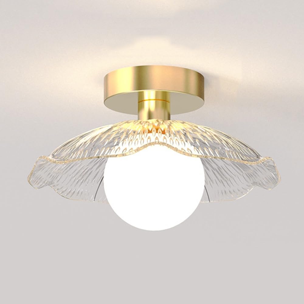 ITOSUI Glass Ceiling Light, Flush Mount Ceiling Lamp, Petal Flower Glass Fixture, Ribbed Glass Shade, Gold Metal Base LED 12W, Art Deco Style for Hallway, Entryway, Aisle, Staircase, Bedroom