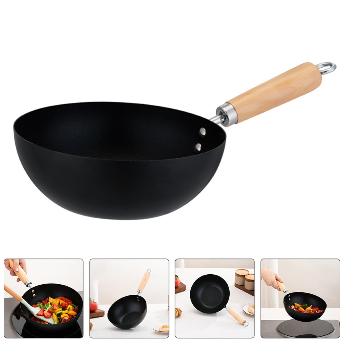 Amosfun Padella Wok Antiaderente in Acciaio Inox 22 Cm senza Coperchio con Manico Ergonomico in Legno, Mini Padella per Uova e Cottura Uniforme su Tutti i Fornelli, per Cucina Casalinga