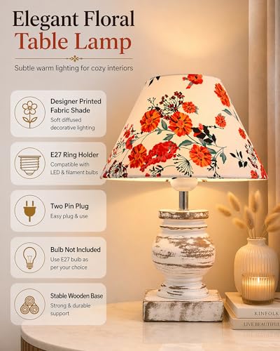 Image of Homesake Small Table Lamp with White Wooden Base, E27 Holder Bedside Night Lamp for Bedroom Living Room, Decorative Study Desk Lamp Office, Warm Ambient Lighting for Home Decor, Gift (Marigold)