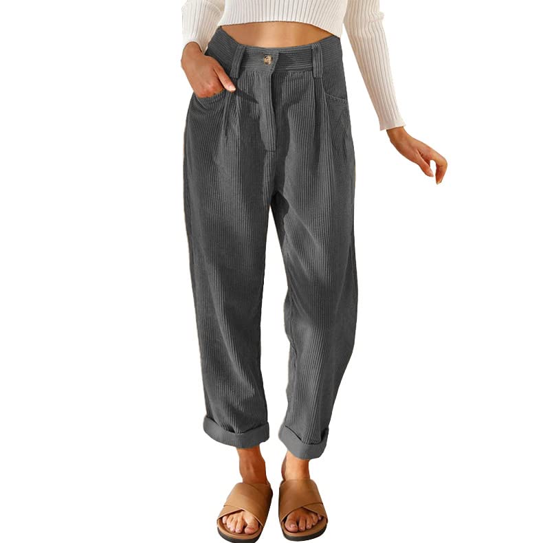 Damen Cordhose mit elastischer Taille und Taschen, gerades Bein, Freizeithose