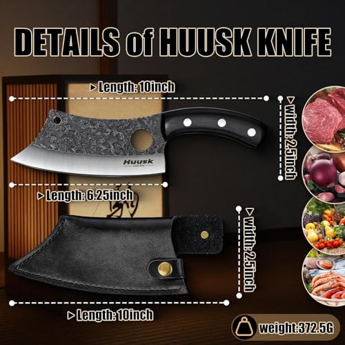 Huusk Knives Japan, Hand Forged Meat Cleaver Knife with Sheath, High Carbon Steel Kitchen Knife for Meat and Vegetables, Full Tang Butcher Knife for Camping, BBQ, Christmas Gift for Men and Women by Huusk - Image 5