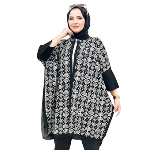 Elegante capa de alas de murciélago con patrón floral, acogedora y elegante envoltura negra con detalles blancos, perfecta para otoño e invierno, hecha de acrílico Nova para mayor comodidad y calidez