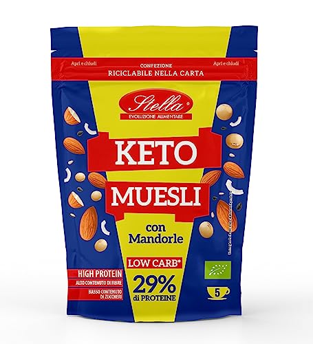 Stella Keto Diet Muesli con Mandorle Bio | Low Carb | 29% High Protein | Low Sugar | High Fiber | Dieta Chetogenica | Confezione in Carta Ricicalbile e Richiudibile | 6 x 250g