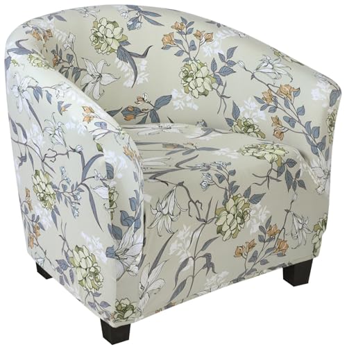 Image of SearchI Club Chair Slipcover Stretch Barrel Chair Covers Printed Tub Chair Slipcovers Soft Spandex Armchair Sofa Cover Removable Couch Furniture Protector for Living Room (Green Flower)