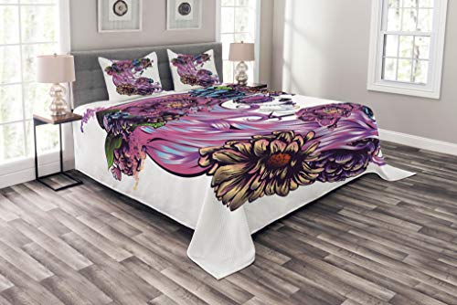 Lunarable Gothic Bedspread, Day of Dead Concept Illustration with Mexican Sugar Skull Girl in Flower Wreath Print, Decorative Quilted 3 Piece Coverlet Set with 2 Pillow Shams, Queen Size, Purple Pink