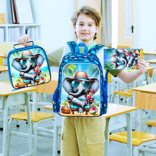 Image of 16 inch Backpack for Boys, 3Pcs Elephant Kids Bookbag with Lunch Box, School Backpacks Set for Elementary Preschool Kindergarten(Blue)