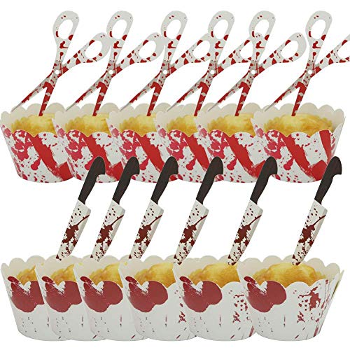 Halloween Cupcake Toppers Wrappers, 24Pcs Cupcake Decoration Set Horror Bloody Knife Scissors Pattern For Cake Decor Party Favors #TOP1
