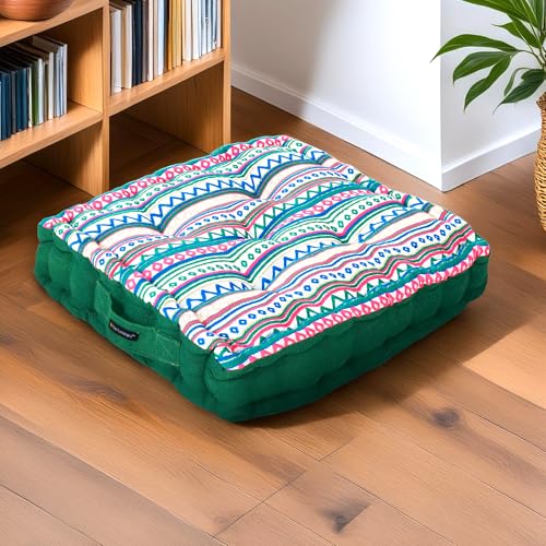 Image of Reversible 60x60x10 cm Woven Quilted Green Boho Floor Cushion with Cotton Filler for Seating, Patio Seat, Meditation, Yoga, Pooja, Guests, Living Room, Bedroom, Large Size 24x24x4 Inch