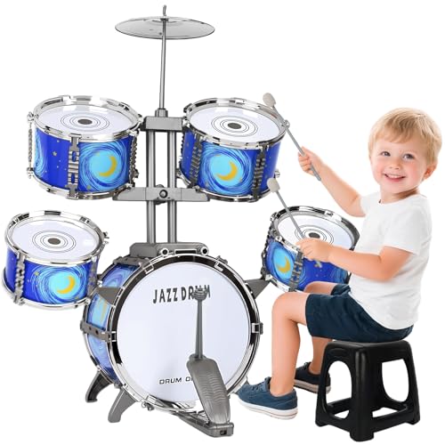 Upgraded Kids Drum Set for Toddlers 3-5 – Plastic Jazz Drum with Stool Musical Toy Birthday Xmas Gift for 3 4 5 6 Boys & Girls