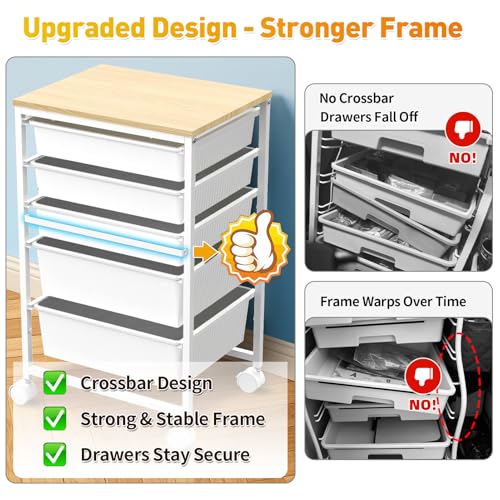Image of SUNALLY Rolling Carts with 5 Drawers, Storage Drawer Carts for Craft, White