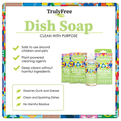 Truly Free Natural Dishwashing Liquid | Plant-Based Dish Soap | Sweet Basil Fresh Scent | 2 Refill Packs with 1 Empty Refillable Squeeze Bottle (16 Oz) - Image 5