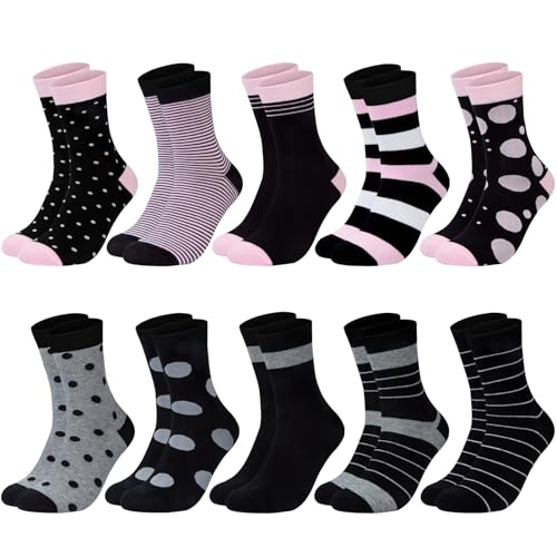 Chalier Cozy 10 Pares de Calcetines de Algodón para Mujer - Diseños a Rayas, Puntos, Amor y Flores - Regalos para Mujeres - Talla Única