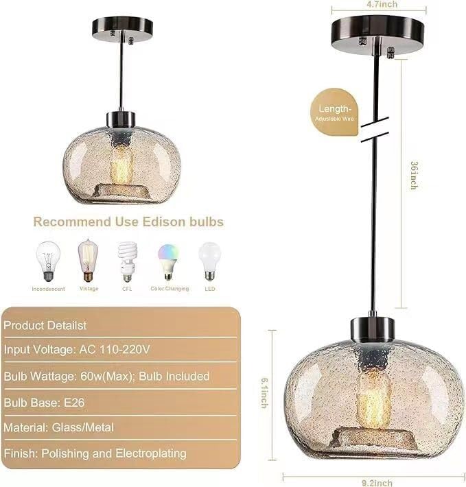 Lámpara colgante de vidrio soplado retro azul para isla de cocina y mesa de noche de 9 pulgadas 2