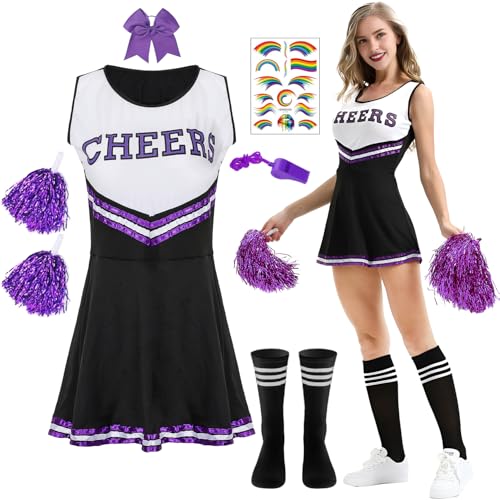Disfraz de Animadora Mujer Adulta,Disfraz de Animadora para Mujer, Uniforme de Cheerleader, con Pompones,Silbatos y Calcetines,Disfraz Carnaval para Halloween y Fiestas de Disfraces (morado, M)