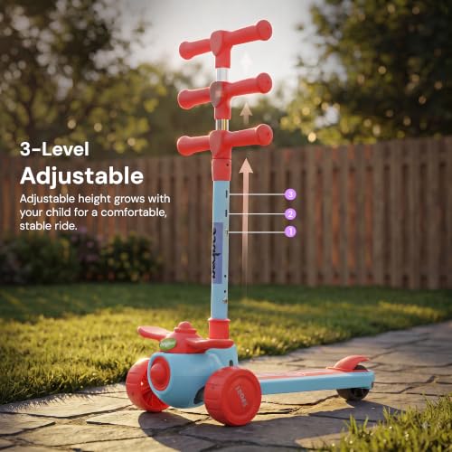 Image of Baybee Skiddo Baby Kick Scooters for Kids with 3 Height Adjustment | Foldable Skating Scooter with Foot Brake | Kids Scooter with RGB Lights & Music | Runner Scooters for Kid 2-10 Years (RED /Blue)