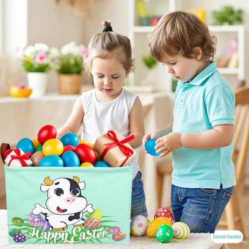 Image of Cow Easter Basket for Kid Large Empty Baby Rectangular Cute Easter Gift Storage Basket Bunny Eggs Decor (Cow)
