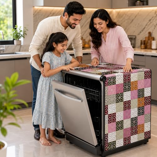 Image of Waterproof Dishwasher Cover for 12 to 15 Place Setting | Suitable with Bosch, LG, IFB, Hafele, Faber & More | Dustproof Appliance Protector Zip Cover Universal Fit-(63X63X88cms Design 13)