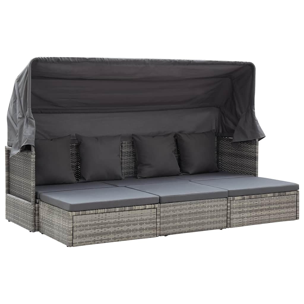 Wyspa słoneczna ogrodowa z dachem i poduszką z rattanu polietylenowego, 200 x 60 x 124 cm, odporna na warunki atmosferyczne, z metalowym stelażem, leżak relaksacyjny na taras, balkon, basen