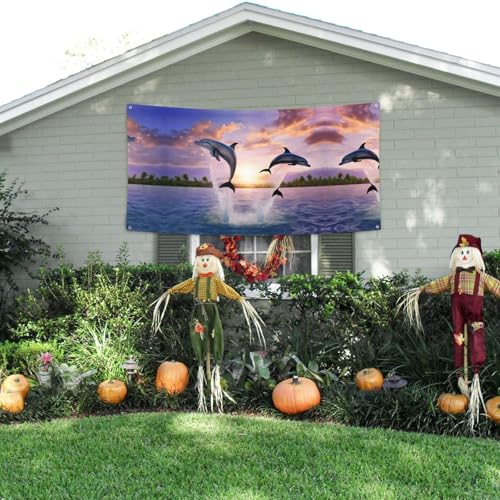 MINDBBDFJ Sunset Dolphins Print Banners And Signs For Outdoor/Indoor,Personalized Banner Customizable Parties Halloween Banner (180x90cm)3