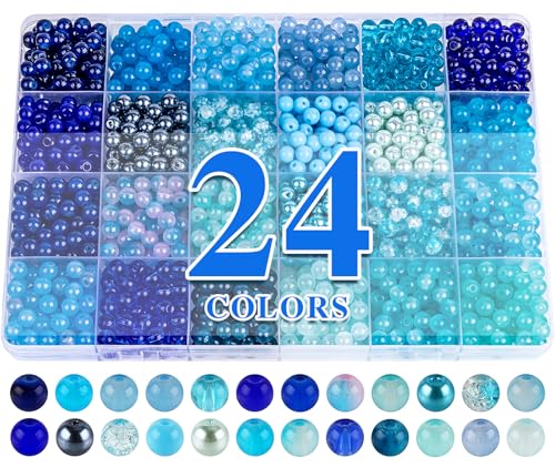 XSEINO About 1200PCS 6mm Glass Beads Bracelet Making Kit 24 Assorted Dreamy Blue Ocean Series Colorful Crystal Beads for Bracelet and Jewelry Making and DIY Crafts Friendship Bracelets