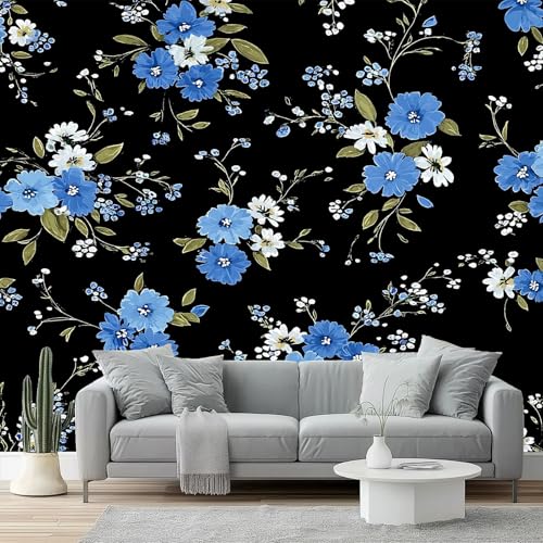 Fotomurales Flores Retro Flores Silvestres Papel pintado tejido no tejido decoración Pared decorativos 400 x 280 cm Sala Cuarto Oficina Salón Decoración Casa Azul