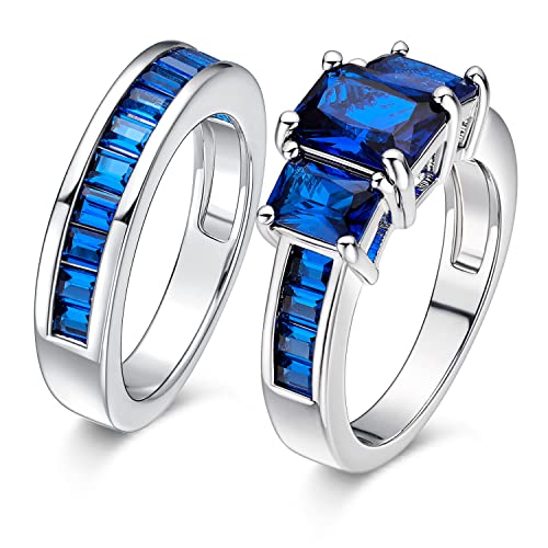 MDFUN Two-in-One Rings Set Created Blue Spinel 18K White Gold Plated Blue Cubic Zirconia Rings for Women Wedding Promise Engagement 2pcs Size 5-10