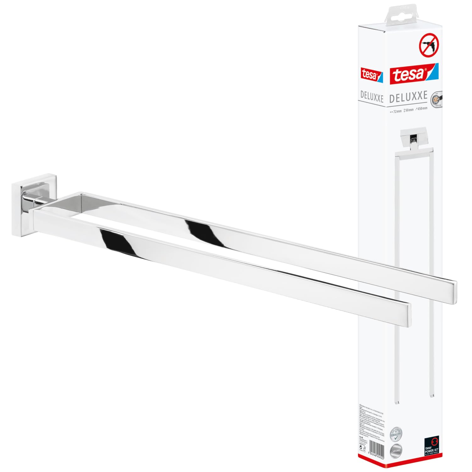Tesa DELUXXE bathroom towel holder, 2-armed, chrome-plated - rust-proof, for wall mounting without drilling, including adhesive solution - 450 mm x 72 mm x 50 mm