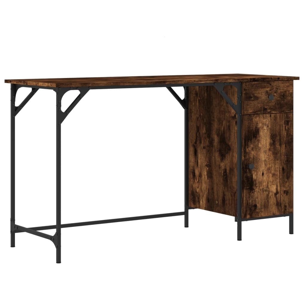Computertisch Räuchereiche 131x48x75 cm Holzwerkstoff mit Metallrahmen, Schublade, Regal und Tastaturablage, Homeoffice Arbeitsplatz für PC, Laptop, Gaming und Büroorganisation