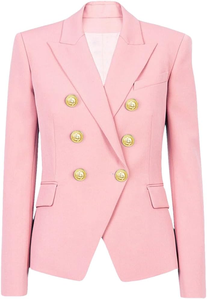 Women Double Breasted Blazer Elegant Office Lady Jacket Notched Collar Long Sleeve Formal Coat