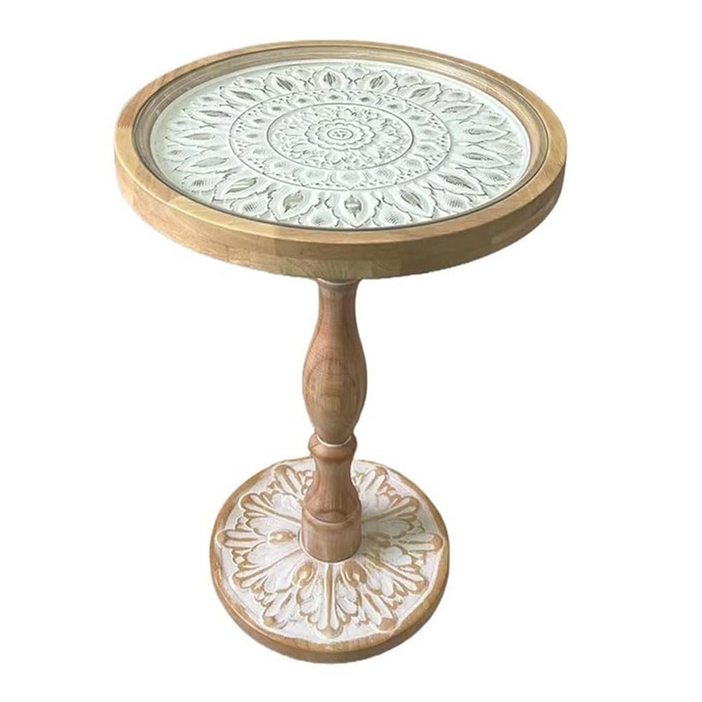 ZTHYSHOZ Coffee Table Vintage Carved Round Table Glass Sofa Side Leisure Coffee Roman Column(Natural,Small)