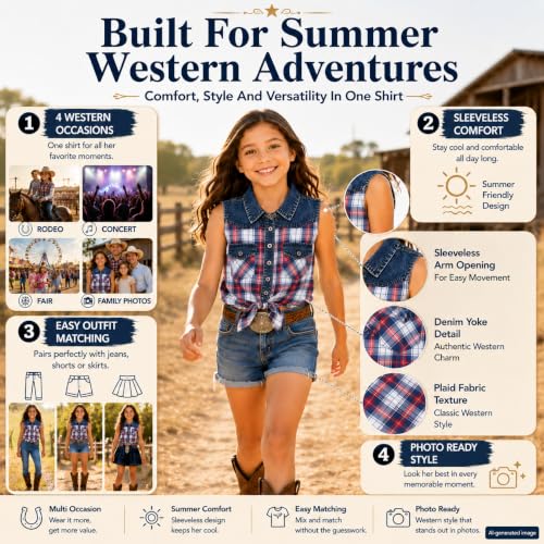 Image of Bienzoe Western Plaid Girls Shirt: Sleeveless Button Down