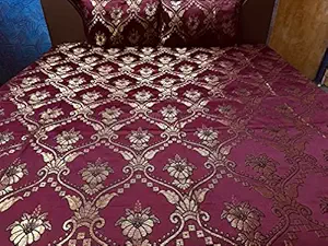 Gurukirpa Traders Cotton Silk 210 TC Embossed Embroidery King Size Bedsheet with 2 Pillow Covers (Red Gold Maroon Multicolor Fusion)