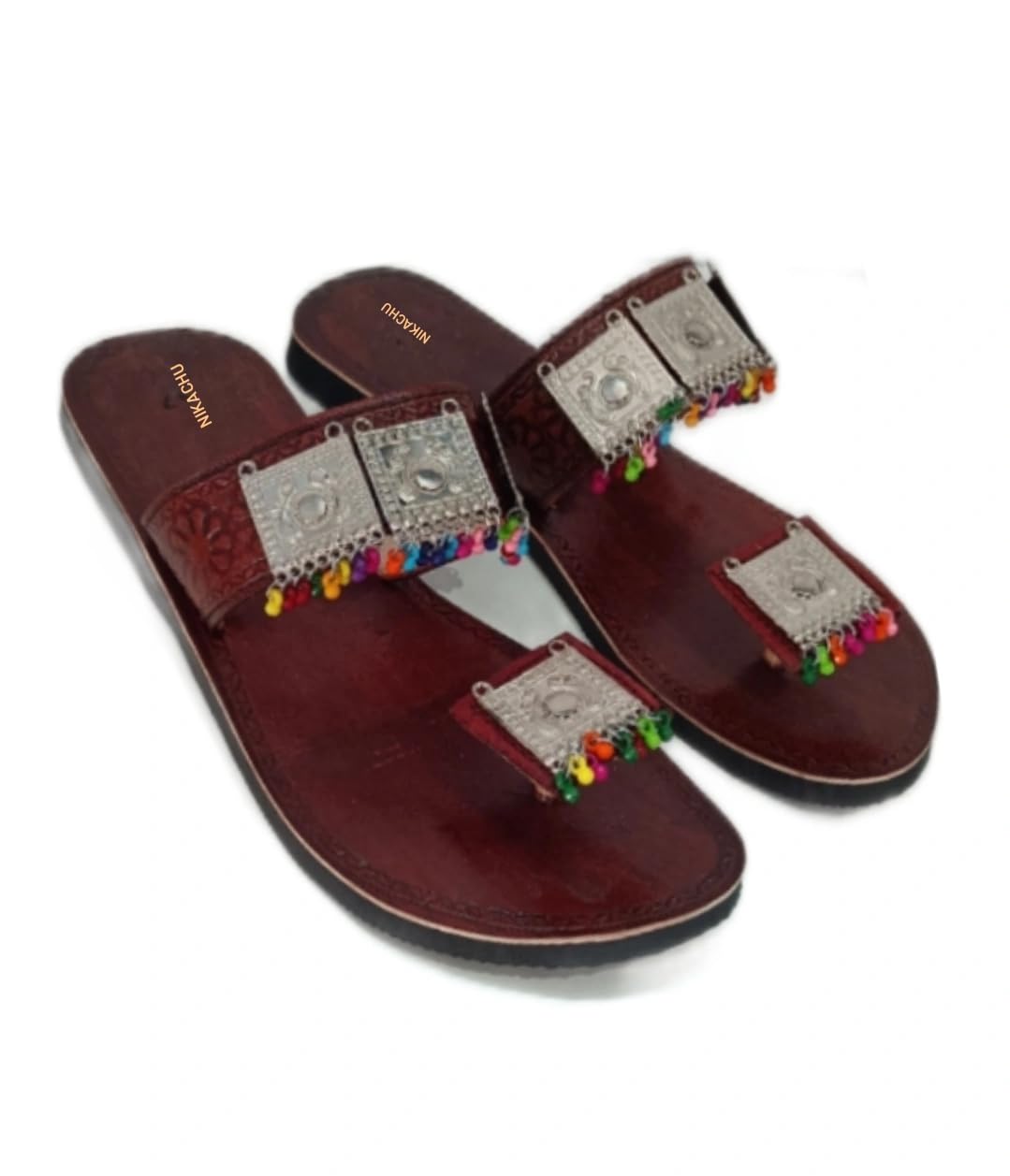 NIKACHU Womens Fashionable Metal Embellishment Leather Slipper (BROWN, numeric_4) (B0C74P8NP5) Amazon Price History, Amazon Price Tracker
