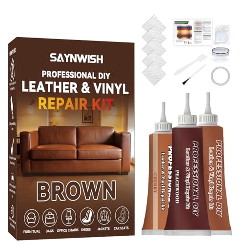 Saynwish Leather Repair Kit - Restores Faux Vinyl Artificial and Real Leather Sofa Jacket Car Seats and Purse.Professional Results Repairs Burn Holes Scratches Tears (Brown)