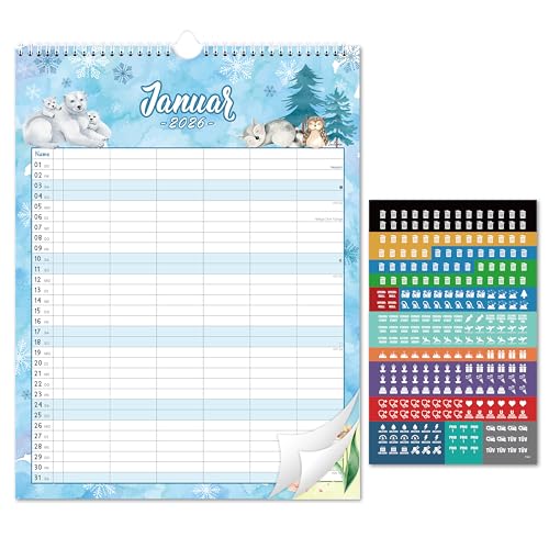Planificador familiar 2026, calendario familiar 2026, 6 columnas, calendario 2026, planificador familiar de enero a diciembre de 2026, diseño de animales acuarelados, 33 cm x 44 cm, adecuado para casa
