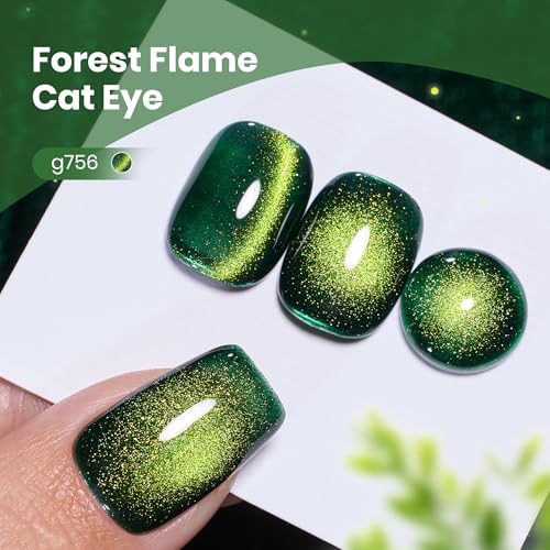 Image of Beetles Forest Flame Green Cat Eye Gel Nail Polish - 15ML Green Cat Eye Gel Polish Glitter Magnetic Translucent Glassy Effect Soak Off UV French Nail Art DIY Manicure Gifts for Women